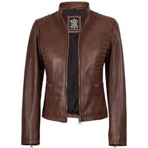 NEW DECRUM women's rachel biker style leather jacket in cognac brown